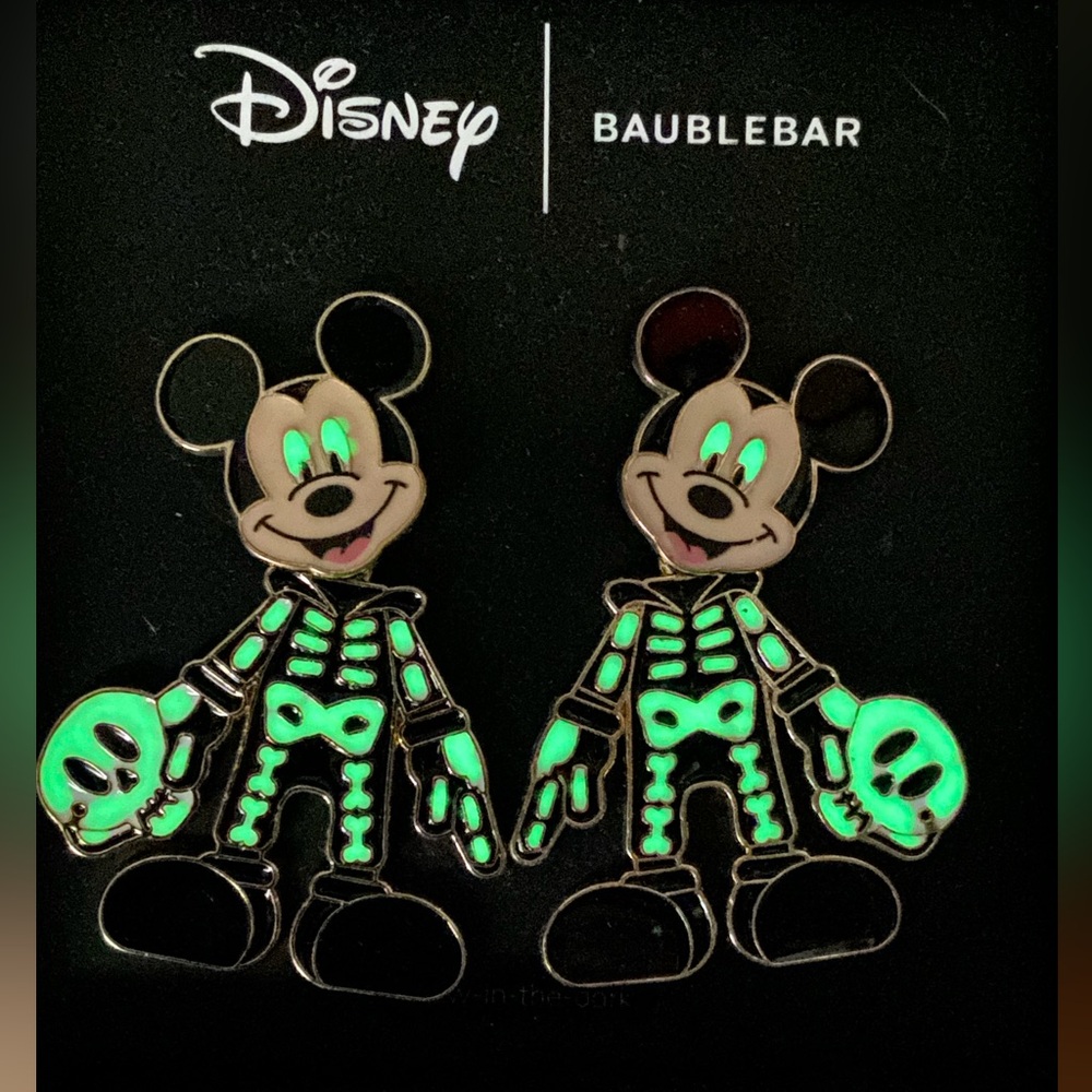 Disney X Baublebar Halloween Mickey Mouse Skeleton Earrings Glow In Dark NIB